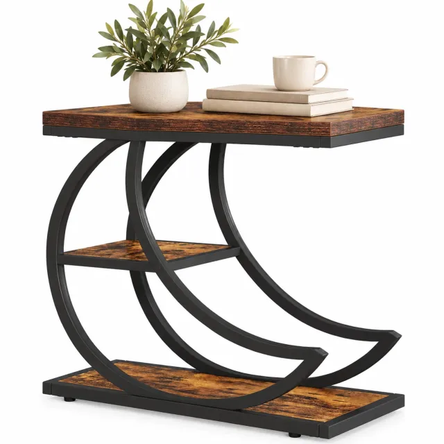 DMG Supply Bijzettafel - 3 Lagen - Gebogen Frame - 60 x 30 x 66 cm - Bruin en Zwart - Spaanplaat en Metaal
