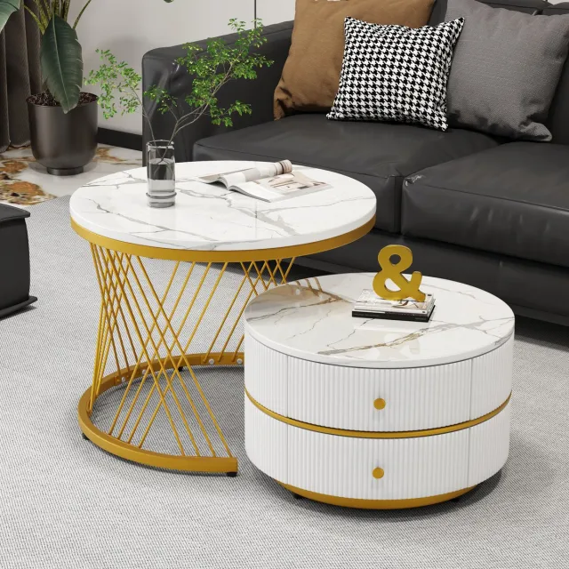 OKWISH Salontafels - Set 2 Delige Koffietafel Rond Met 2 Laden En Opbergfunctie - Ideaal Voor Slaapkamer Of Woonruimte - MDF - Goud - 60x60x46+50x50x30.8 cm