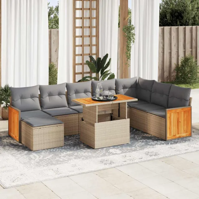 vidaXL 9-delige Loungeset met kussens poly rattan acacia beige, foto 2