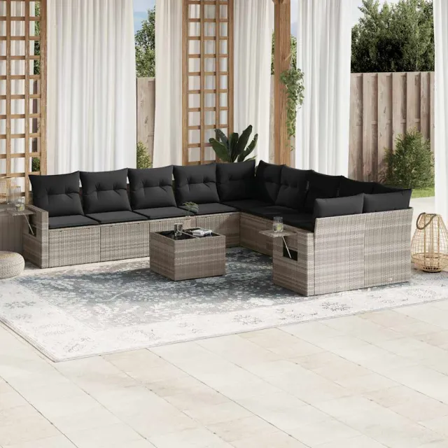 vidaXL 11-delige Loungeset met kussens poly rattan lichtgrijs grijs, foto 2