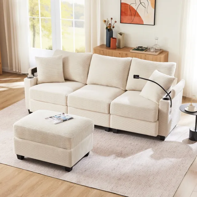MODENUIT Hoekbank 213,5 x 139 x 87 cm - Met Verplaatsbare Hocker USB En Armleuningopslag - Woonkamer - Cord Beige