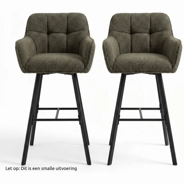 Fino Modo Barstoel - Vero Noce - Teddy Stof - Antraciet Grijs – Set van 2 | Bouclé Barkruk met Rugleuning | Zwart Metalen Frame | Kookeiland Stoel Olijfgrijs