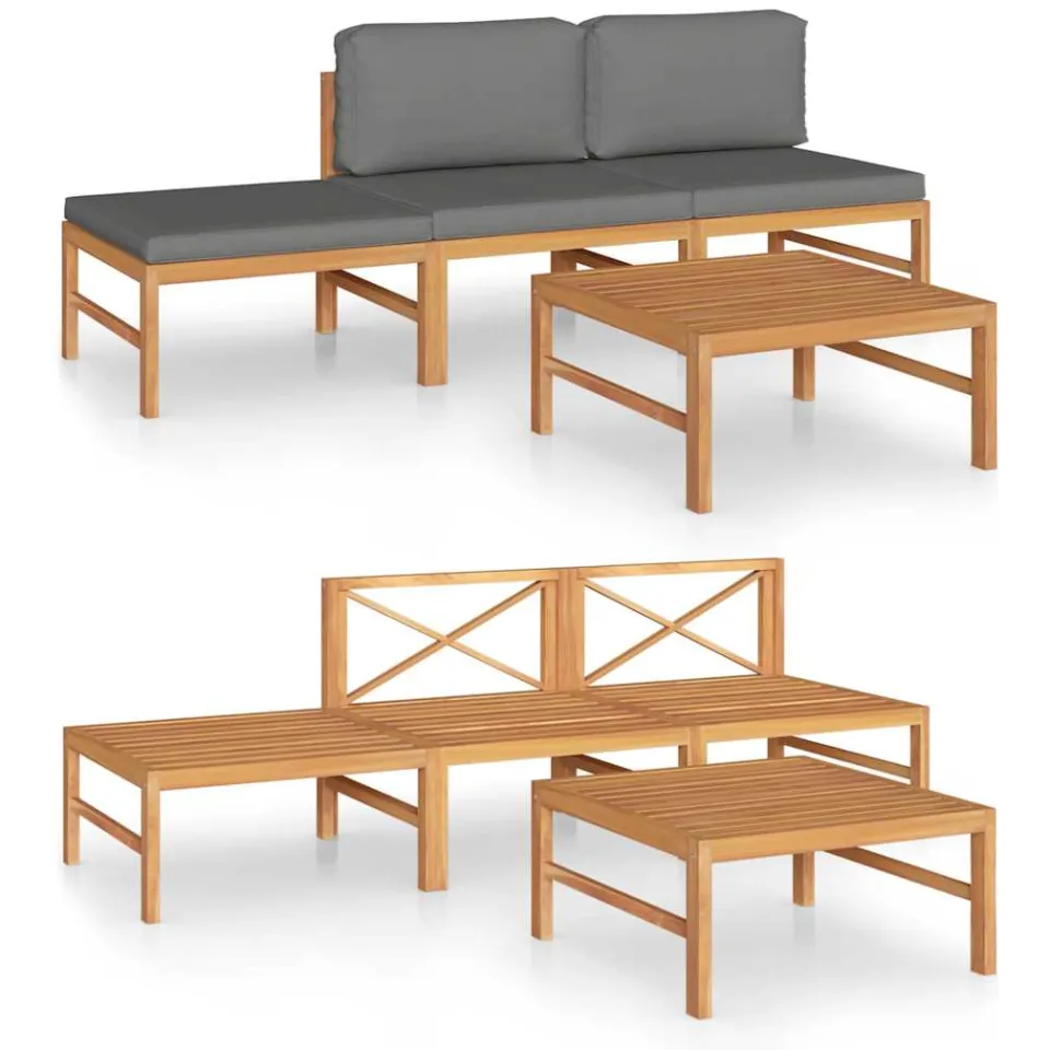 vidaXL 4-delige Loungeset met grijze kussens massief teakhout grijs, foto 3