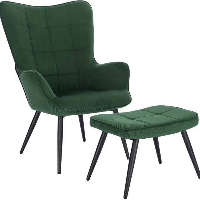 Happyment Moderne Fauteuil met hocker - Armleuning - Voetenbank Woonkamer stoel - Corduroy - Groen