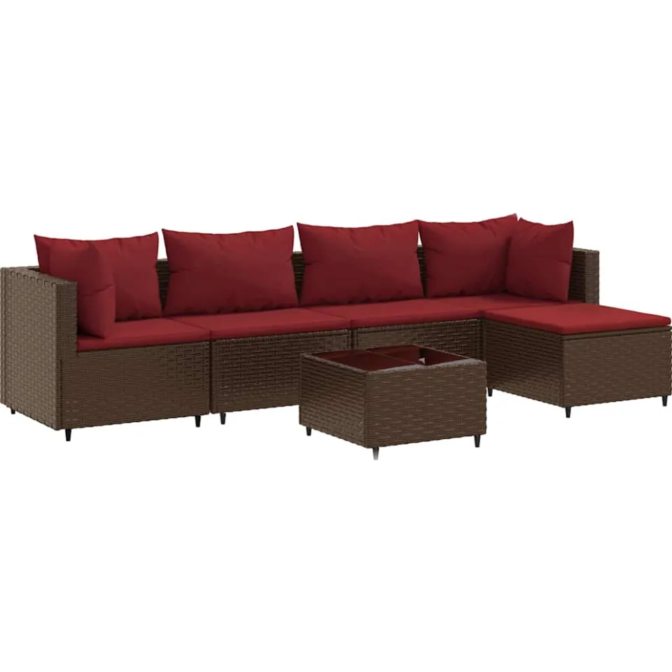 vidaXL 6-delige Loungeset met kussens poly rattan bruin