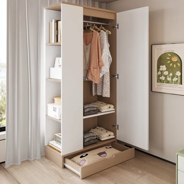 WUVRIE Kledingkast 70 x 40 x 170 cm - Enkele deur, planken en lades - Naturel/wit