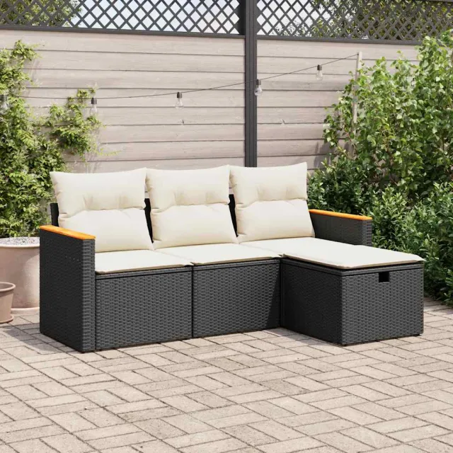vidaXL 4-delige Loungeset met kussens poly rattan zwart, foto 2