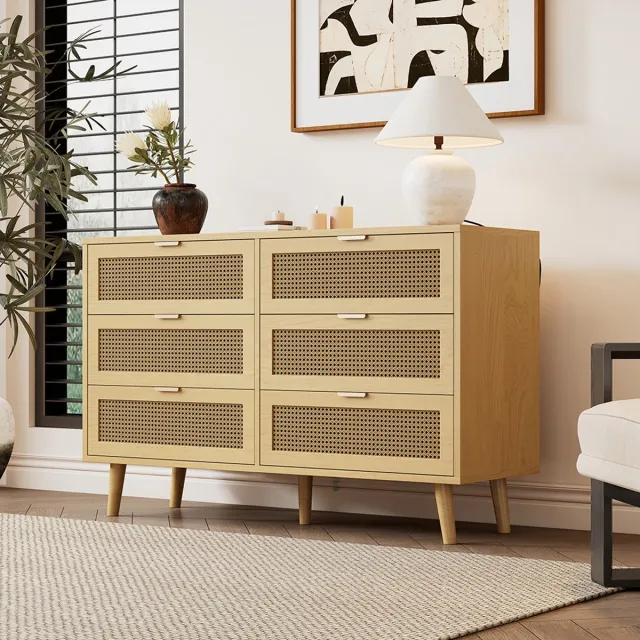 KOMHTOM BLACKCOLORS Commode met 6 laden, houten ladekast, commode met metalen handgrepen, voor slaapkamer, woonkamer, kantoor, hoge ladekast met veel opbergruimte, afmetingen: B120/H76,5/D40 cm Eiken
