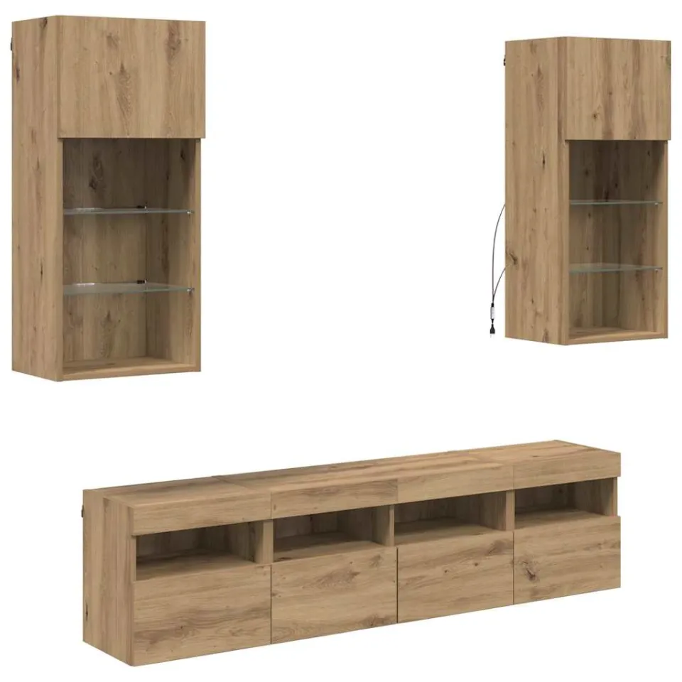 vidaXL TV Wand Eenheden met LED 5 st Artisan Eiken Bewerkt hout, foto 3