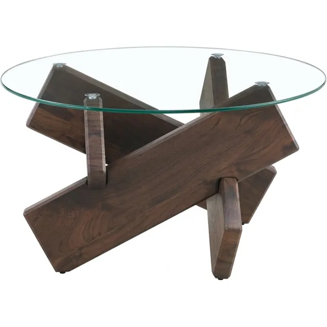 Rolipo Ronde Salontafel MDF en Glas – 79 cm – Gehard Glazen Blad met Walnootkleurige Houtlook Poten – Modern Design Transparant, walnoot