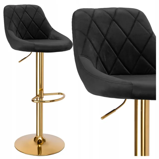 eHokery Zwart Fluweel Houten Barstoel met Gouden Frame - Verstelbaar & Draaibaar