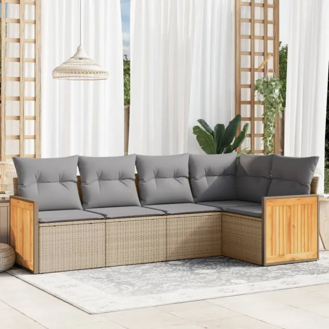 vidaXL 5-delige Loungeset met kussens poly rattan beige, foto 2