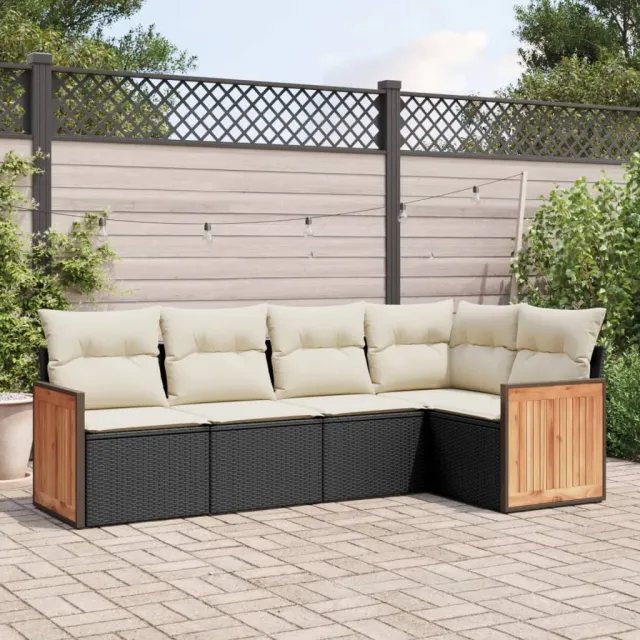 vidaXL 5-delige Loungeset met kussens poly rattan zwart, foto 2