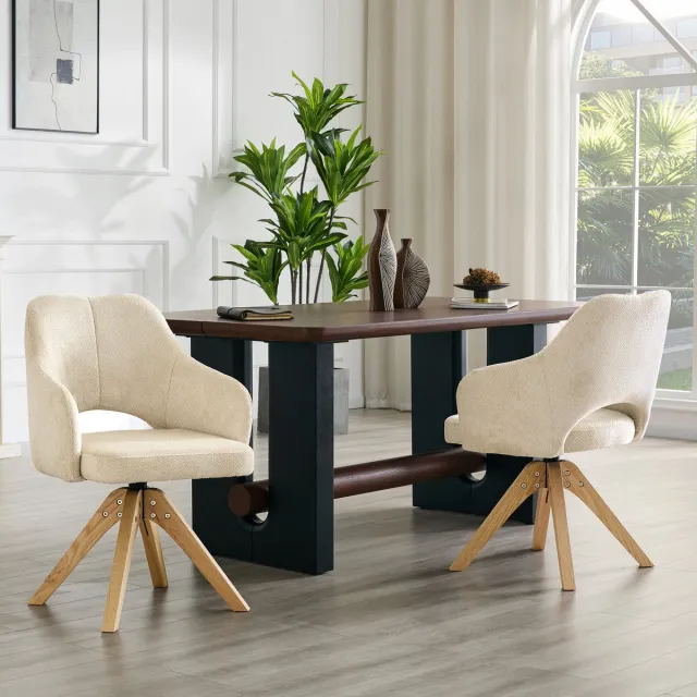 FloraGrace Eetkamerstoel - 360 Graden Draaibaar - Set Van 2 - Stof En Hout - Retro - Wit Met Houtkleur - Met Armleuningen Beige