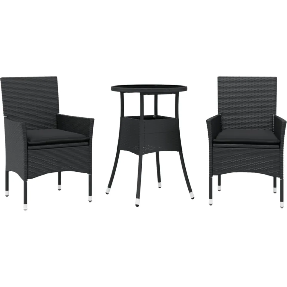 vidaXL 3-delige Tuinset met kussens poly rattan en glas zwart, foto 3