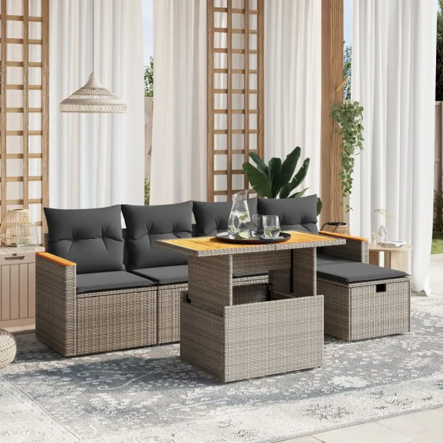 vidaXL 6-delige Loungeset met kussens poly rattan grijs, foto 2