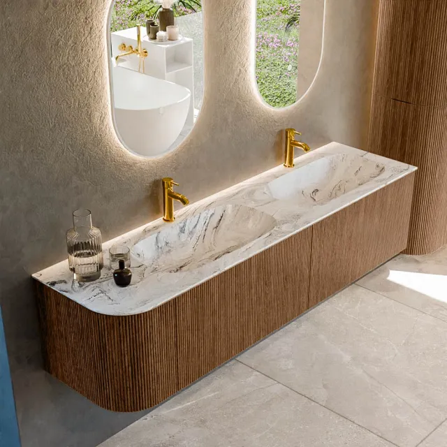 Mondiaz KURVE-DLUX 175 cm Onderkast Greeploos 2 Lades Met Deuren Walnut, Wastafel Solid Surface Rechts Glace 2 Kraangaten Zonder Spiegel (KRVSTS175L2L1D2KD-Wal/Gla)