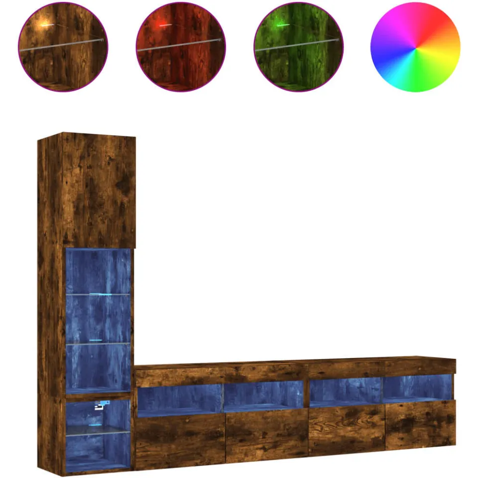 vidaXL 8-delige tv-wandmeubelset met LED bewerkt hout gerookt eiken, foto 4