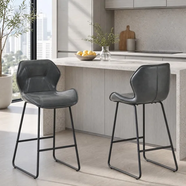 MEUNIQ Barkruk set van 2 met rugleuning en voetsteun, kunstleren zitting, zwart metalen onderstel, 91,5 x 47 x 48,5 cm, voor keuken, bar en eetkamer, grijs