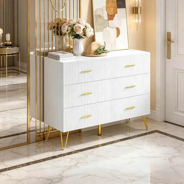 MODENUIT Ladekast - 6 Lades Met Gouden Details - Woonkamer En Hal - Spaanplaat En Metaal - Wit Goud - 100x40x75 Cm