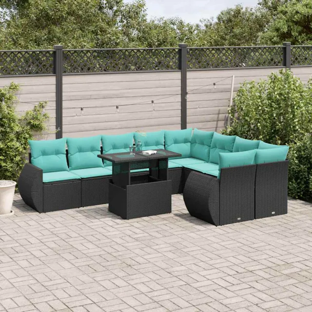 vidaXL 10-delige tuinbankset met kussens van zwart polyrotan, foto 2