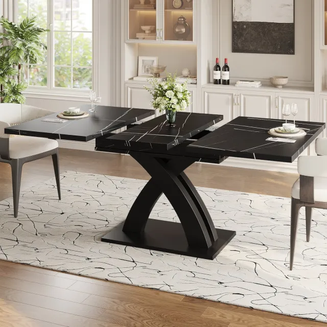 MEUNIQ uitschuifbare eettafel 120/160 x 80 x 76 cm met verborgen verlengblad, rechthoekige MDF tafel met metalen X-onderstel voor eetkamer, keuken of balkon, zwart