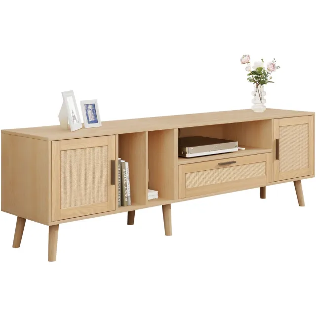 MEUBLE COSY TV Meubel - Vintage TV Standaard & TV Lowboard Rotan 180 cm - Hout Beige