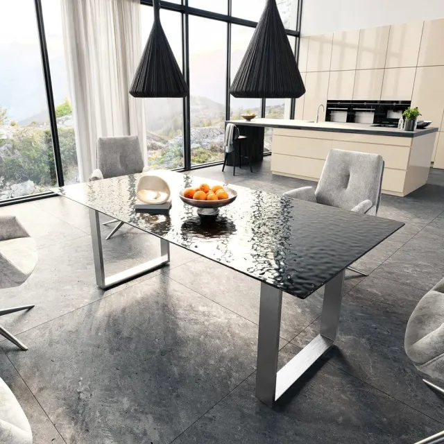 DELIFE Eetkamertafel Edge Glas smelten rokerig zwart 3D-Relief 200x100 RVS Schmal