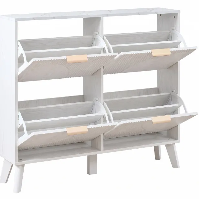 Ropilly Schoenenkast met vier klepdeuren - 105 x 24 x 95,5 cm - Legplanken en marmerlook bovenblad - MDF met handgrepen van zinklegering - Voor hal of slaapkamer Wit