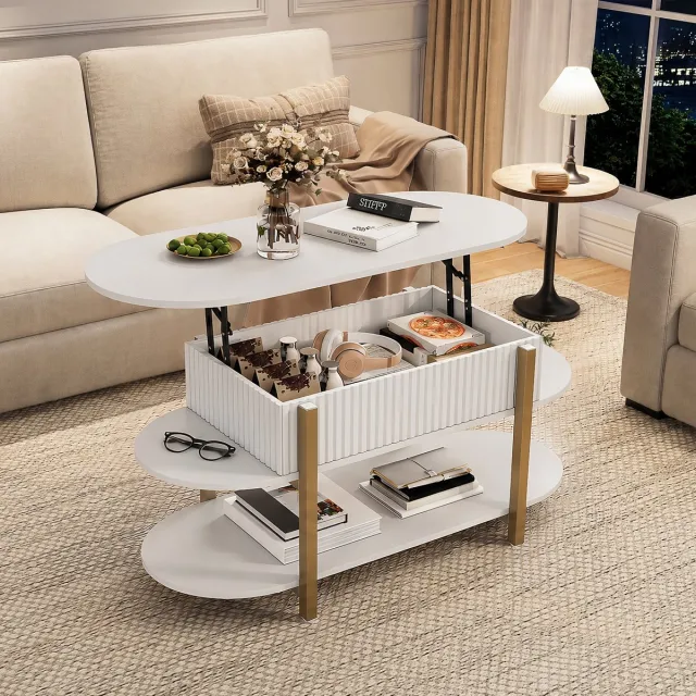 ROSAHQNDA Salontafel met opklapbaar blad en opbergruimte, ovale moderne salontafel met opklapbaar blad, 106x45x50cm, multifunctioneel, in hoogte verstelbaar, met open zijplanken voor woonkamer of kantoor Wit