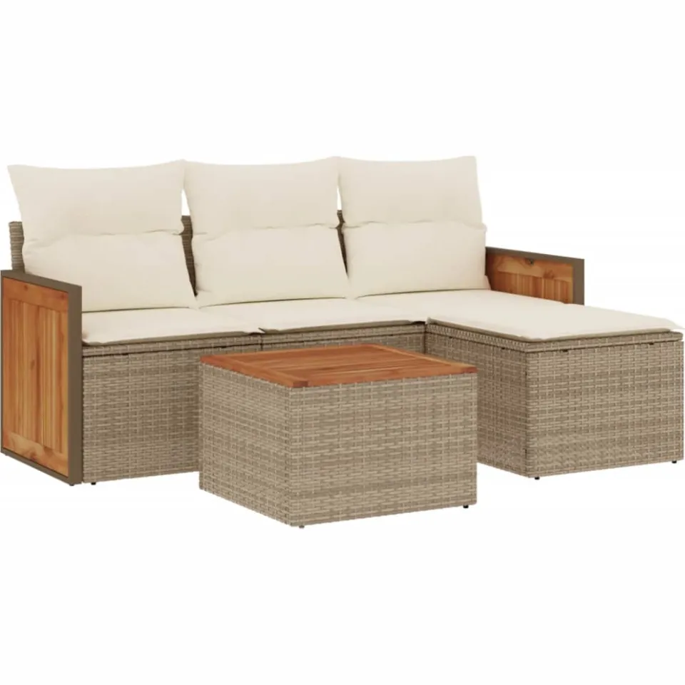 vidaXL 5-delige Loungeset met kussens poly rattan beige, foto 3