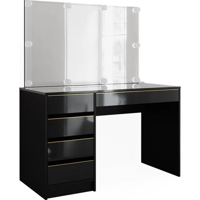Vicco Kaptafel set Sherry, Zwart/Goud, 120 cm met spiegel en LED-lichtslinger