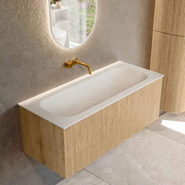 Mondiaz KURVE 110 cm Onderkast Greeploos 1 Lade Zonder Deuren Oak, Wastafel Solid Surface Volledig Talc 0 Kraangaten Zonder Spiegel (KRVBGM1101L0D0KM-Oak/Tal)