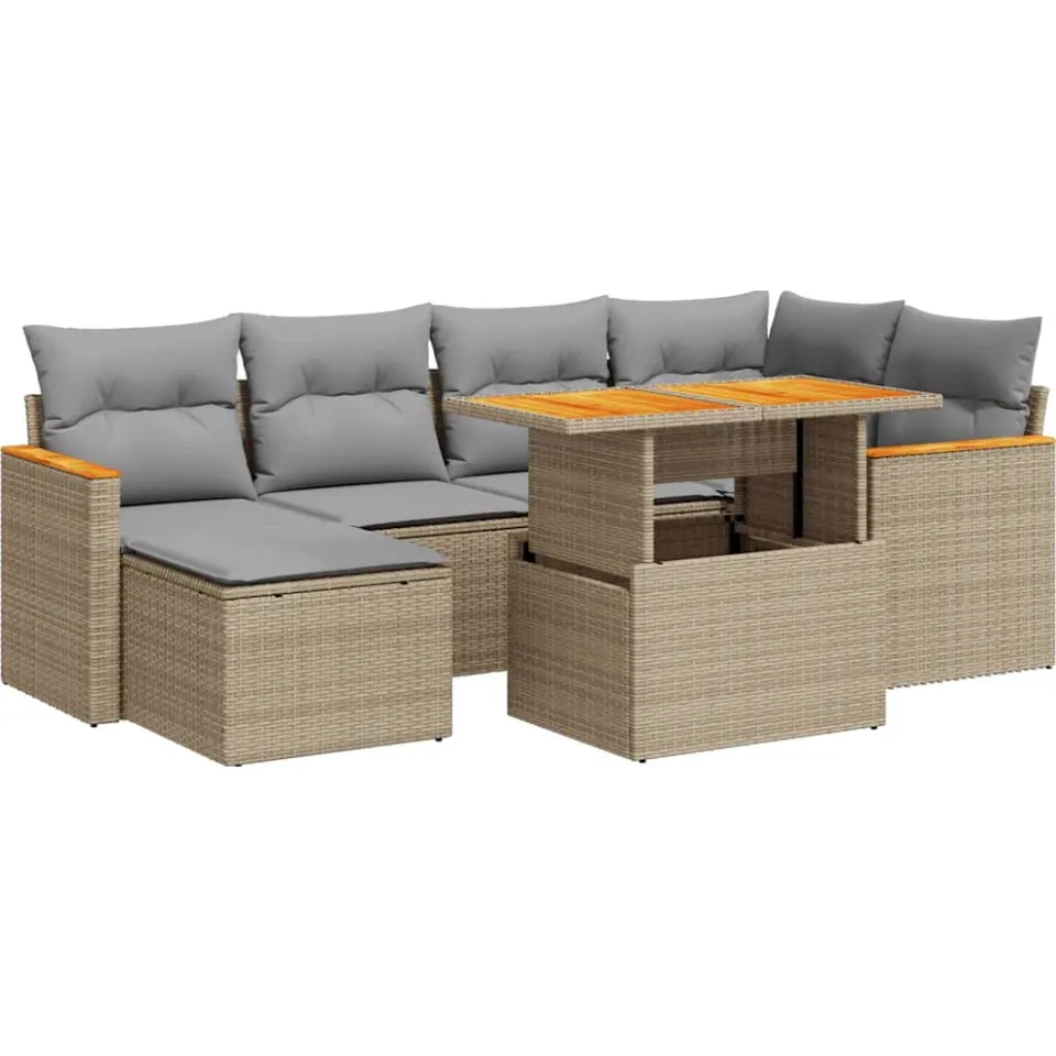 vidaXL 7-delige Loungeset met kussens poly rattan acacia beige, foto 3
