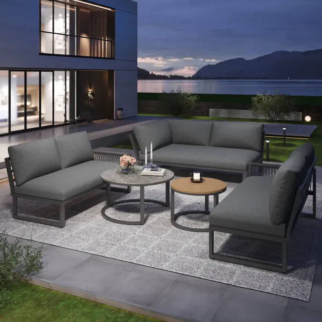 MIVRAY Loungeset 4-Delig - Hoekbank Met 2 Salontafels En Kussens - Voor Tuin En Terras - Metaal Polyester Grijs