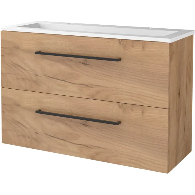 Boss & Wessing Badmeubelset BWS Salt 100x39cm Met Grepen 2 Lades Met Wastafel Acryl 2 Kraangaten Whisky Oak Bruin