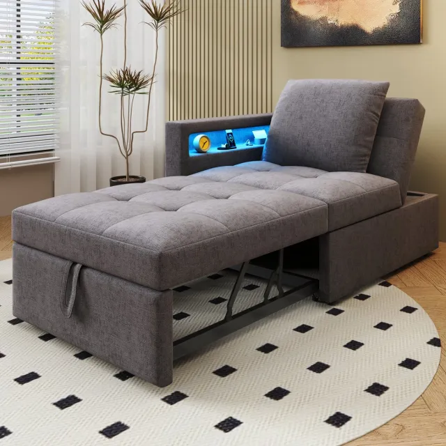 MEUNIQ Slaapbank 3-in-1 177 x 68 x 65 cm met verstelbare rugleuning, USB- en Type-C-aansluitingen, LED in armleuning, linnen, donkergrijs Dunkelgrau