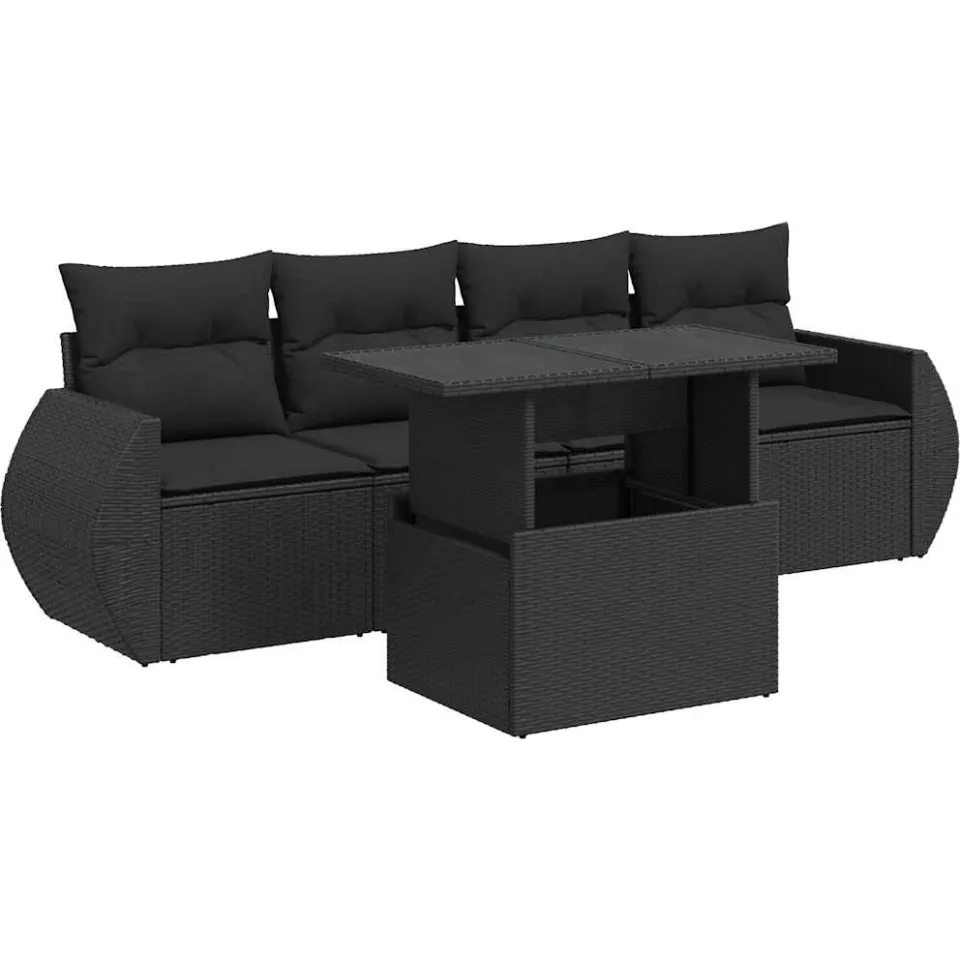 vidaXL 5-delige Loungeset met kussens poly rattan zwart, foto 3