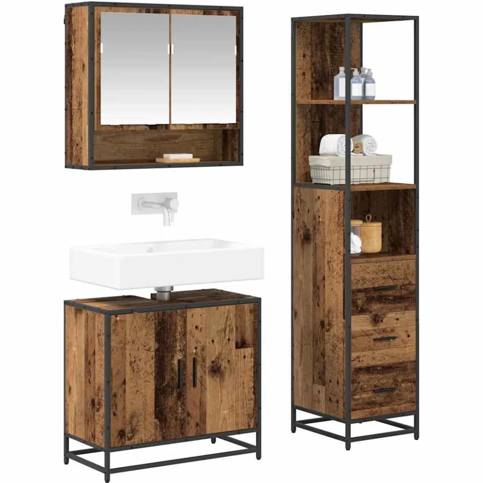 vidaXL Badkamermeubelset 3 st Oud Hout 35 x 37,5 x 166 cm Bewerkt hout Bruin
