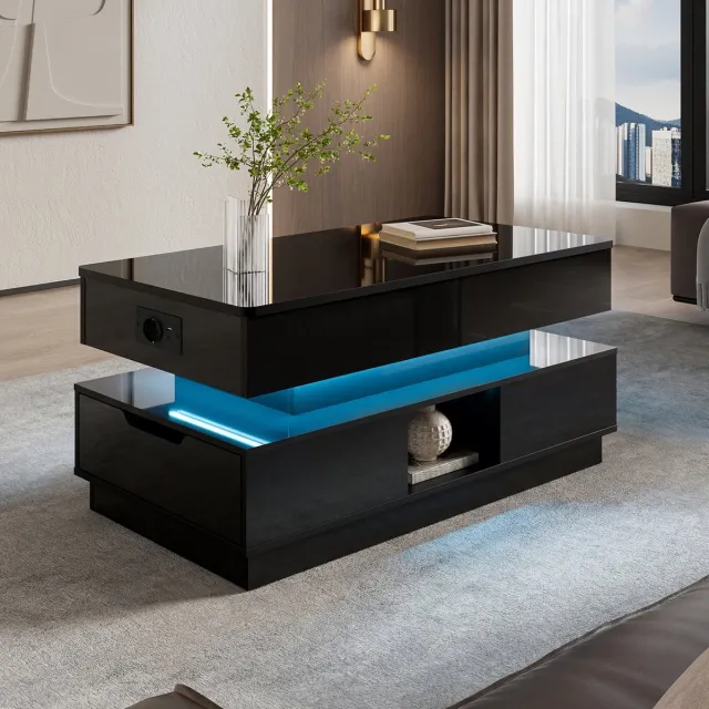 MODFU Salontafel - Hoogglans - Hoogte Instelbaar - LED Verlichting - Zwart