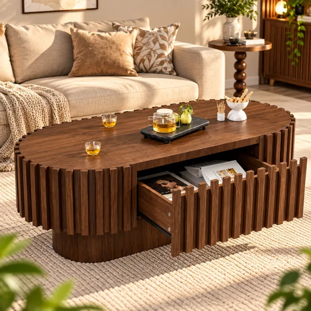 Rojellaa Ovale Salontafel met Ribbeldesign en Lade - Donkerbruin Hout - 120 cm