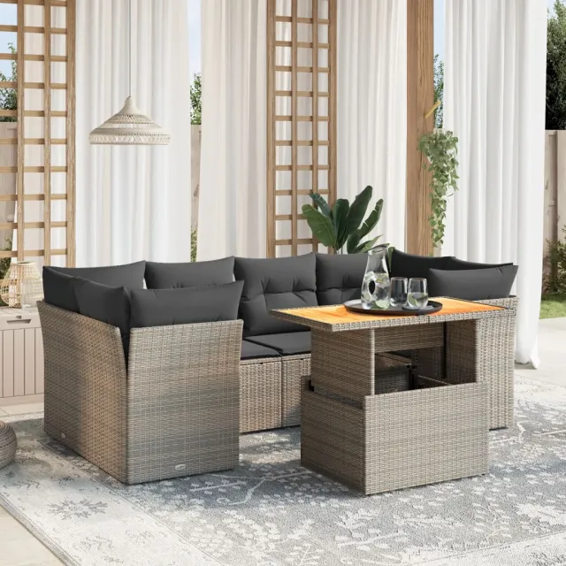 vidaXL 7-delige Loungeset met kussens poly rattan grijs, foto 2
