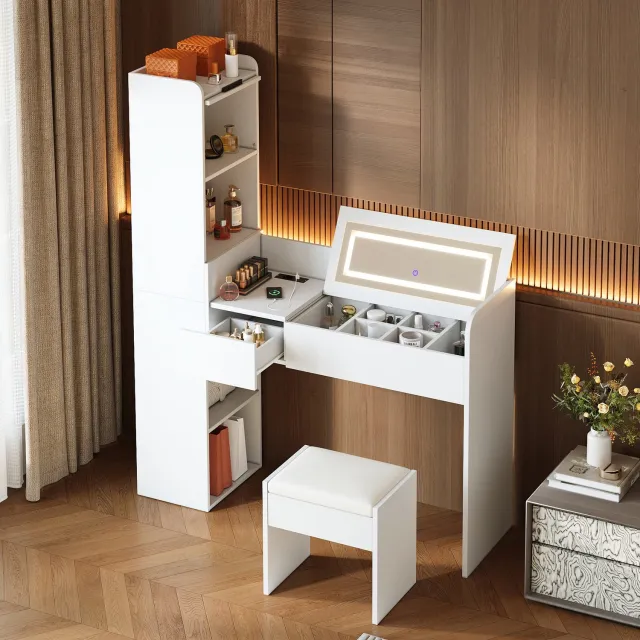 HAUSS SPOLE Kaptafel Met Opklapbare Ledspiegel En USB-Aansluiting - Met Opbergruimte En Kruk Voor Slaapkamer - Bewerkt Hout - Wit - 131 x 40 x 160 cm