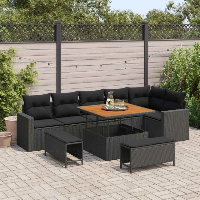 vidaXL Tuinbankenset 9 st Zwart poly rattan, foto 2