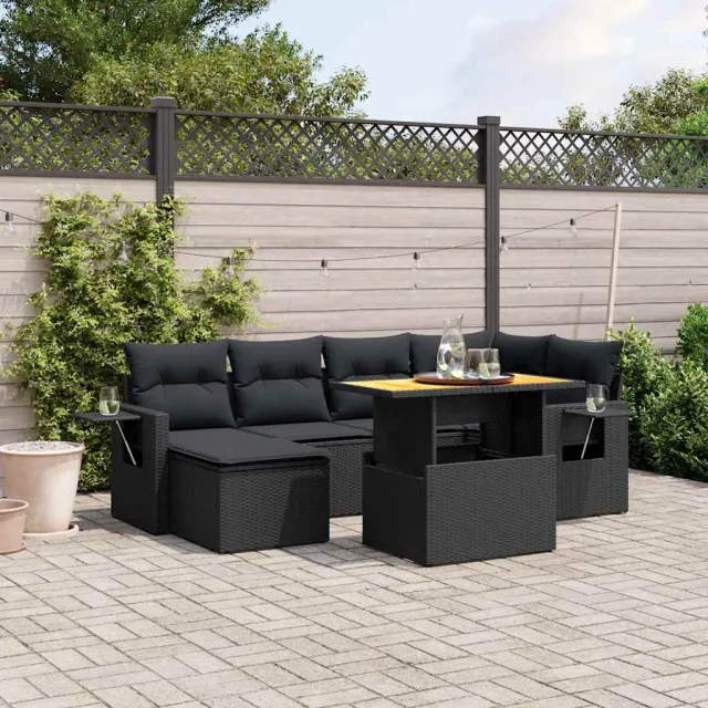 vidaXL 7-delige Loungeset met kussens poly rattan zwart, foto 2