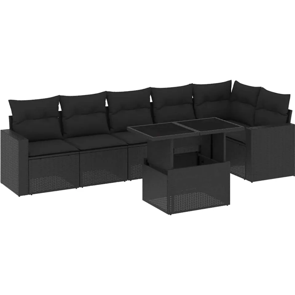 vidaXL 7-delige Loungeset met kussens poly rattan zwart