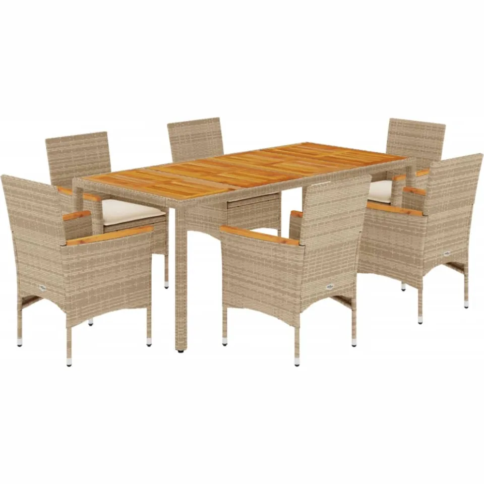 vidaXL 7-delige Tuinset met kussens poly rattan en acaciahout beige, foto 3