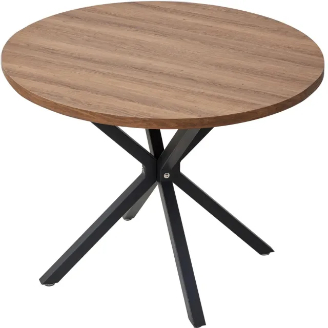 Amalee Ronde eettafel - 100 cm - Hout look - 4 personen - Kleine woonkamer of keuken - Zwarte metalen poten Donker bruin bovenblad, zwarte poten.