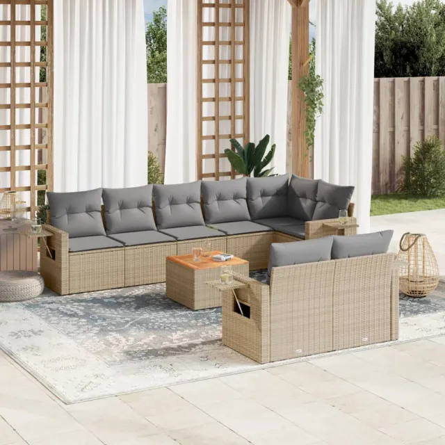 vidaXL 9-delige Loungeset met kussens poly rattan gemengd beige, foto 2