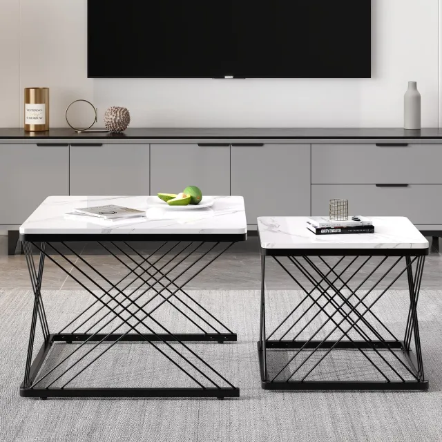 DESMIU Salontafel Set - Hoogglans Marmorlook Met Verstelbare Poten - Voor Woonkamer En Diverse Woonruimtes - MDF - Zwart Wit - 60x60x45 En 45x45x40 Cm